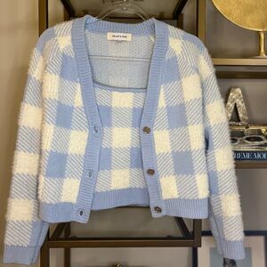 Blue and White Checkered Knit Cardigan
